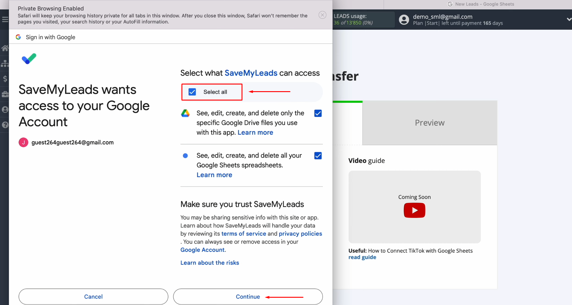 TikTok and Google Sheets integration | Check all the access boxes TikTok and Google Sheets integration | Check all the access boxes