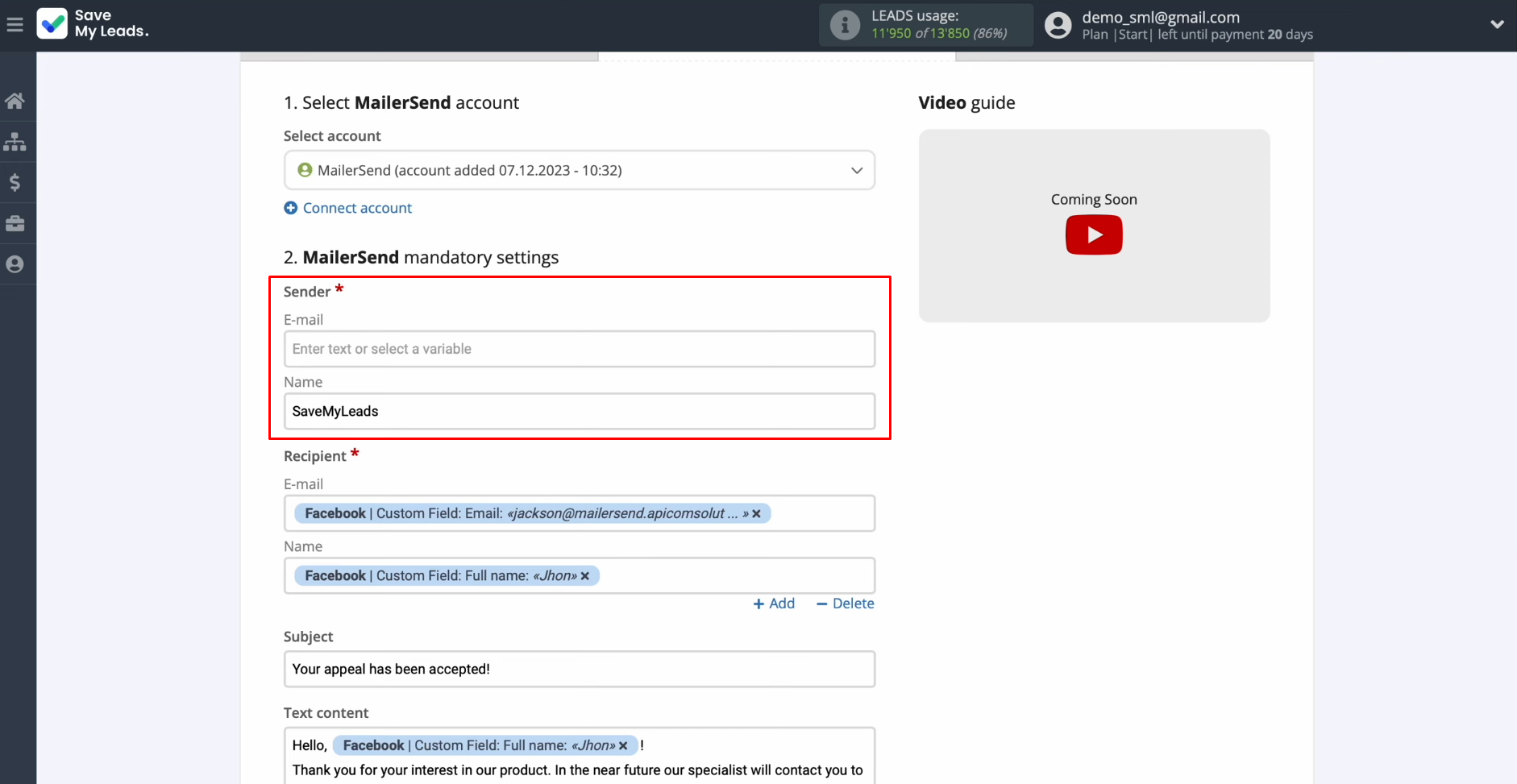 Facebook and MailerSend integration | Fill in the Sender field Facebook and MailerSend integration | Fill in the Sender field