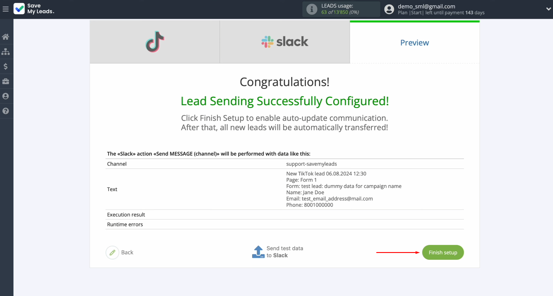 TikTok and Slack integration | Click “Finish setup” TikTok and Slack integration | Click “Finish setup”