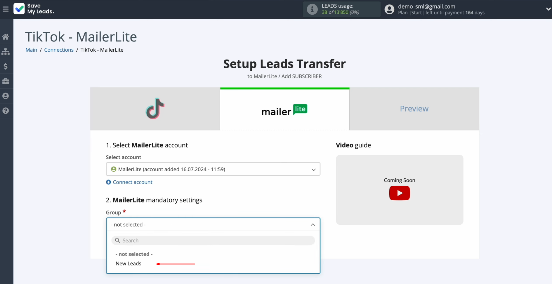 MailerLite and TikTok integration | Select a group in MailerLite MailerLite and TikTok integration | Select a group in MailerLite