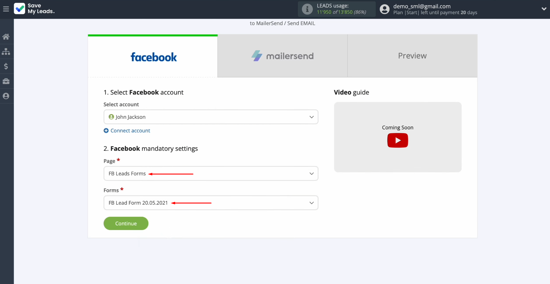 Facebook and MailerSend integration | Select the advertising page and form Facebook and MailerSend integration | Select the advertising page and form