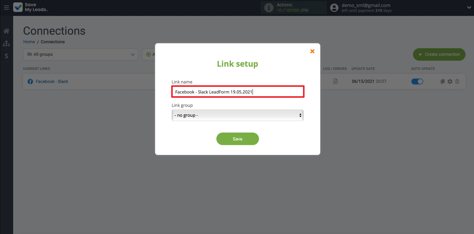How to set up the upload of new leads from Facebook ad account to Slack private messages | Editing name of the connection How to set up the upload of new leads from Facebook ad account to Slack private messages | Editing name of the connection