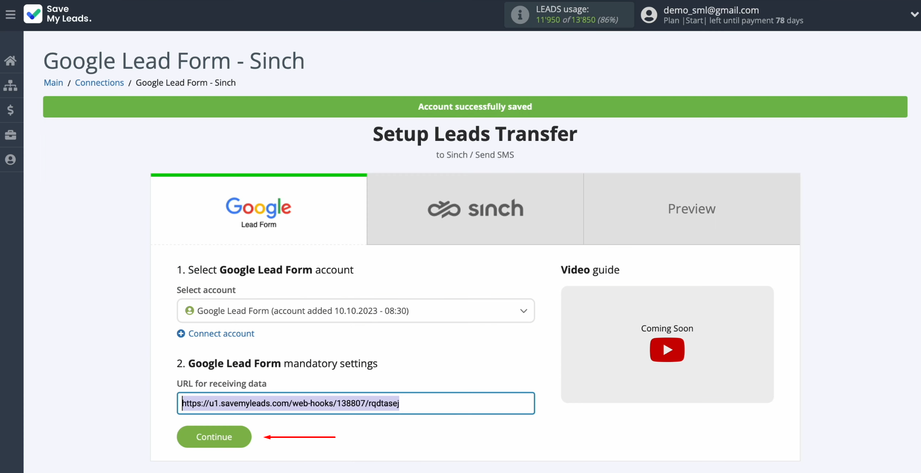 Google Lead Form and Sinch integration | Return to SaveMyLeads and continue setting up Google Lead Form and Sinch integration | Return to SaveMyLeads and continue setting up