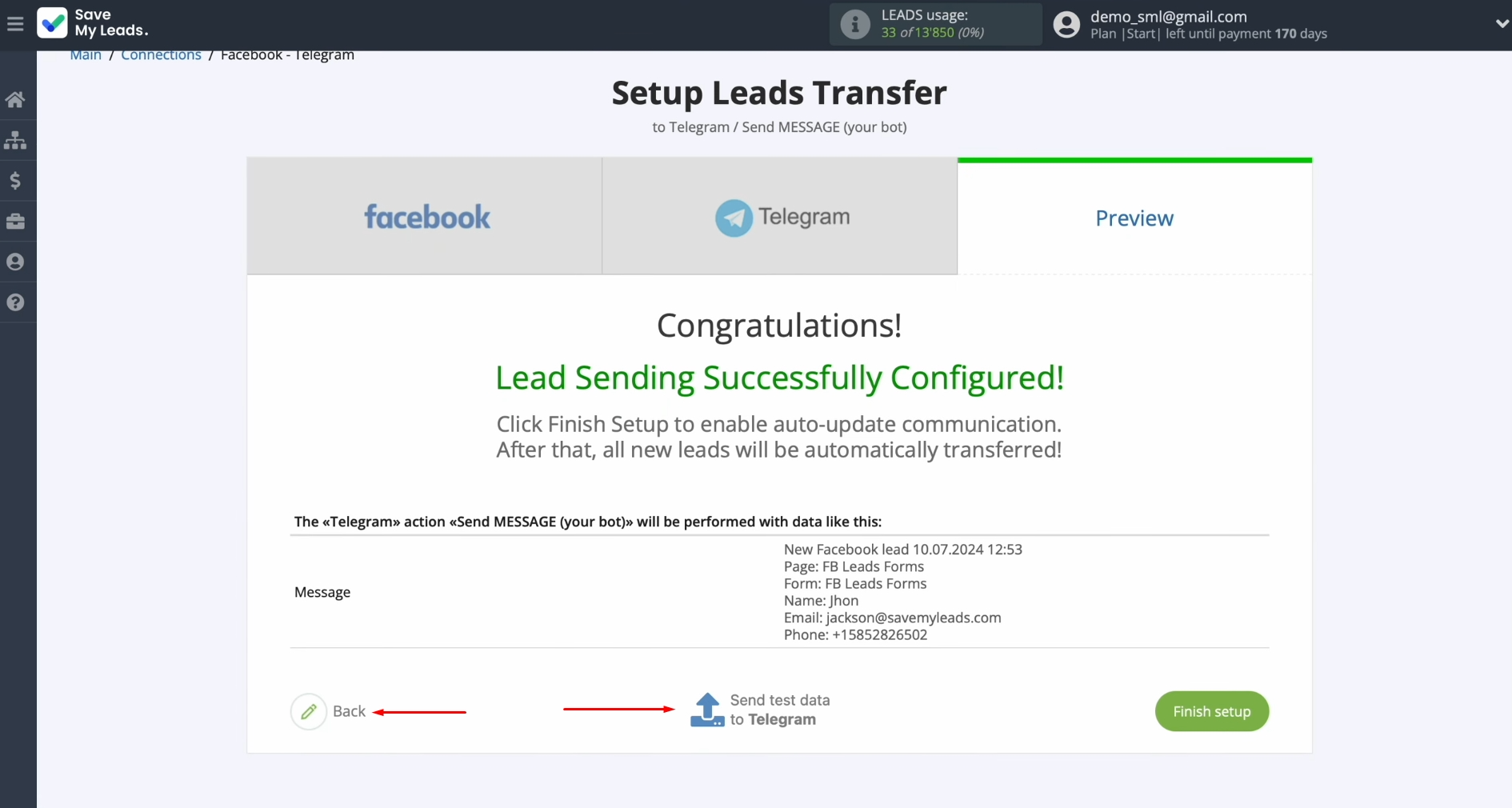 Facebook and Telegram integration | Click “Back” or “Send test data to Telegram” Facebook and Telegram integration | Click “Back” or “Send test data to Telegram”