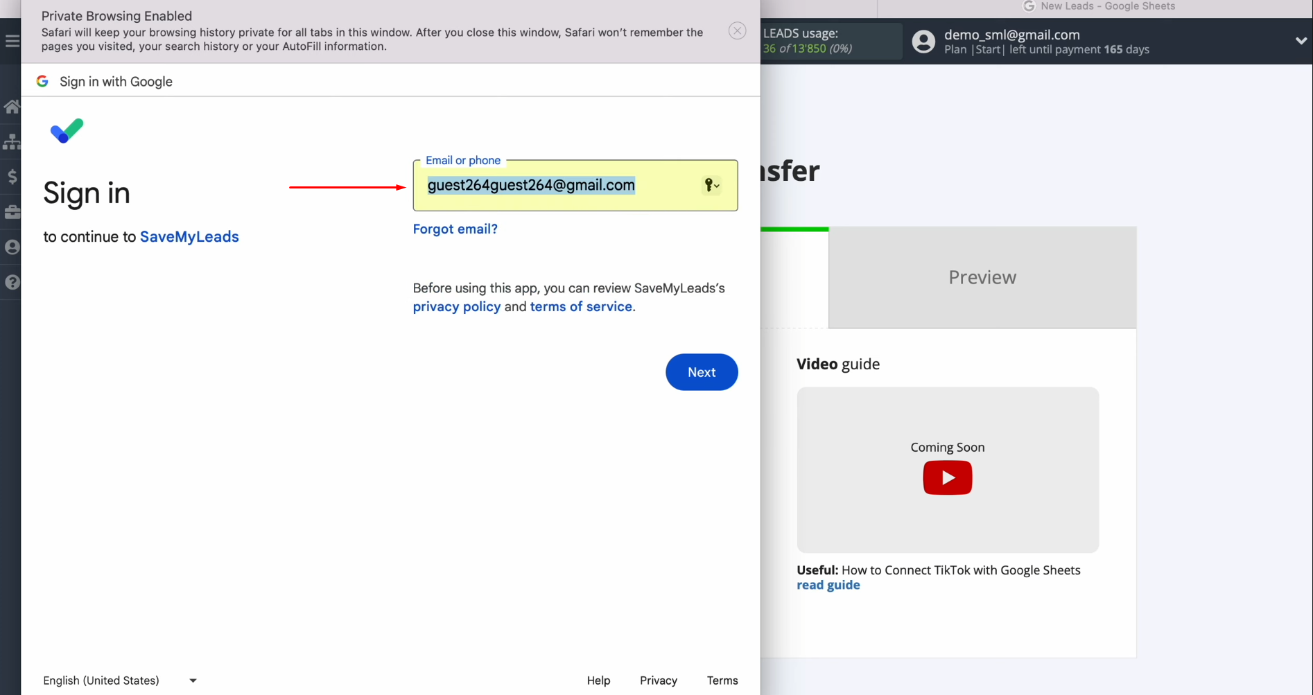 TikTok and Google Sheets integration | Specify the username for your Google account TikTok and Google Sheets integration | Specify the username for your Google account