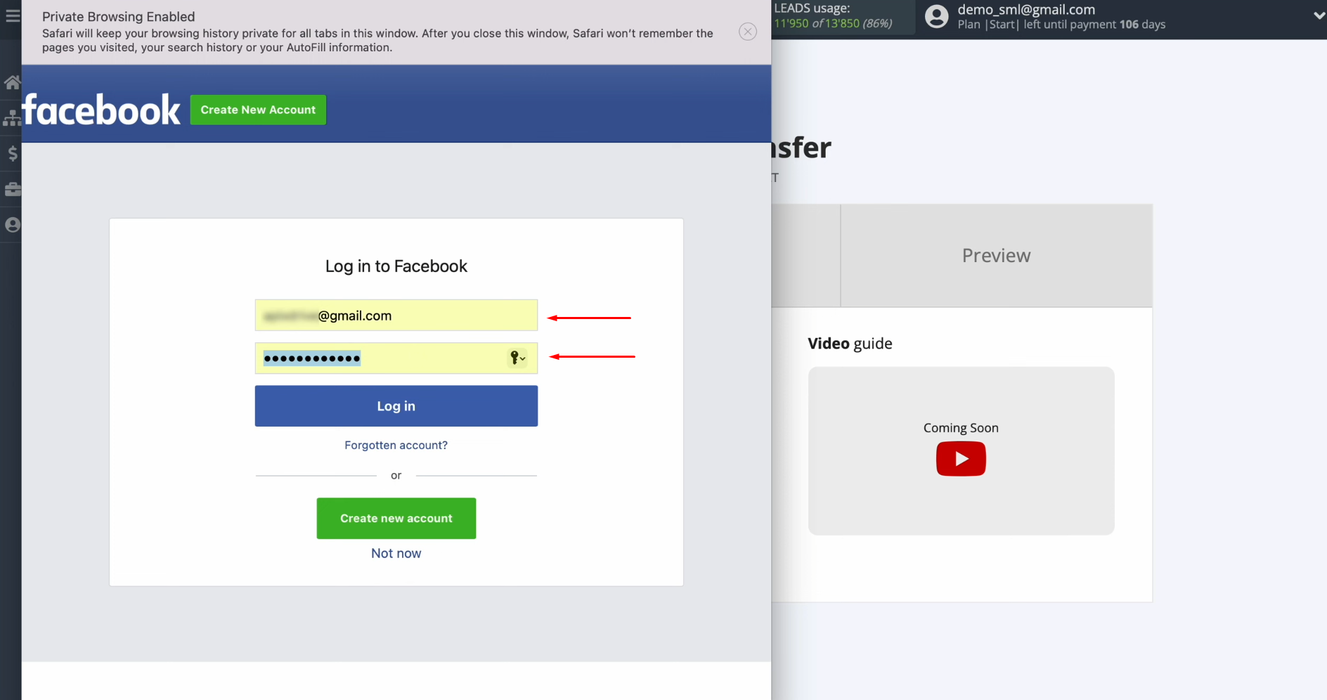Facebook and HelpCrunch integration | Specify the login and password Facebook and HelpCrunch integration | Specify the login and password