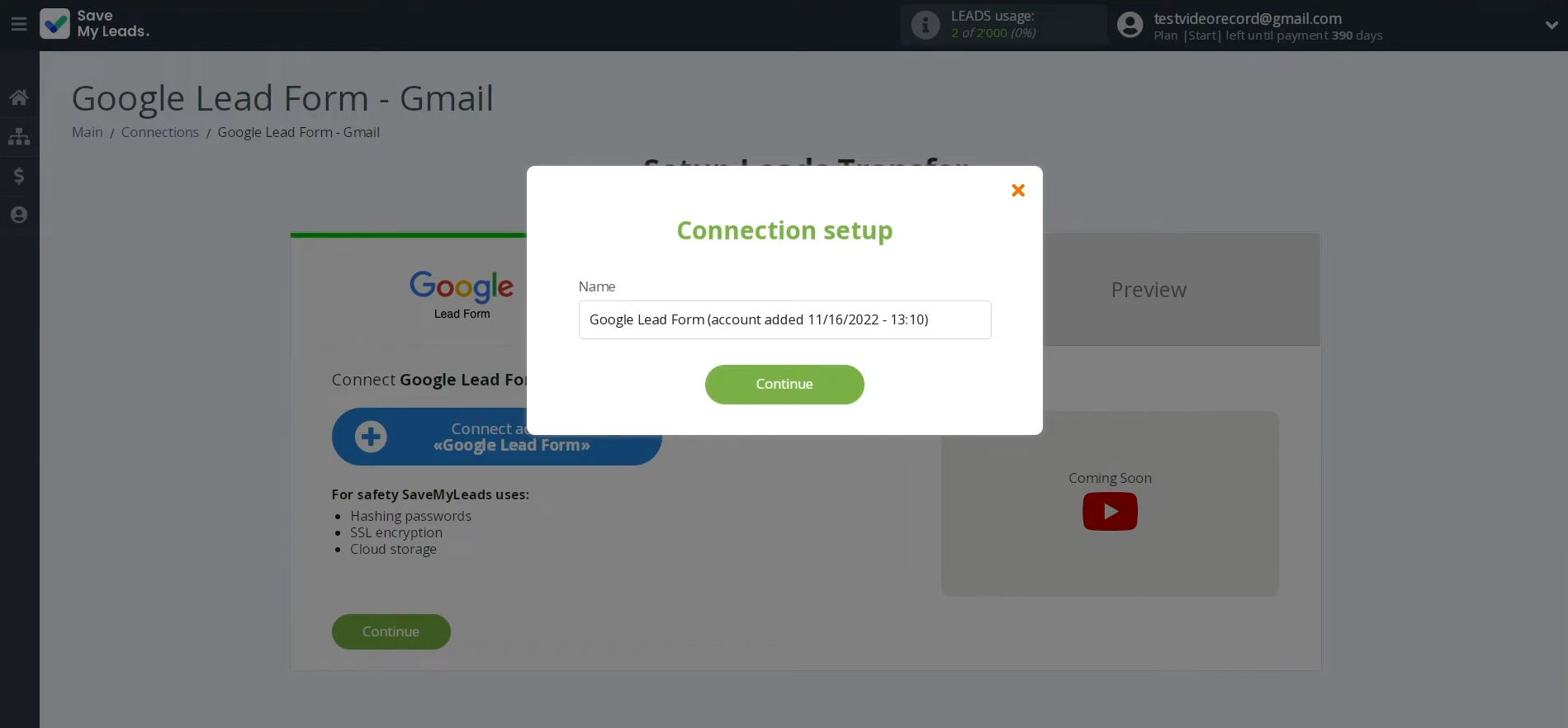 Google Lead Form and Gmail integration | Name this connection, or simply click "Continue" Google Lead Form and Gmail integration | Name this connection, or simply click "Continue"