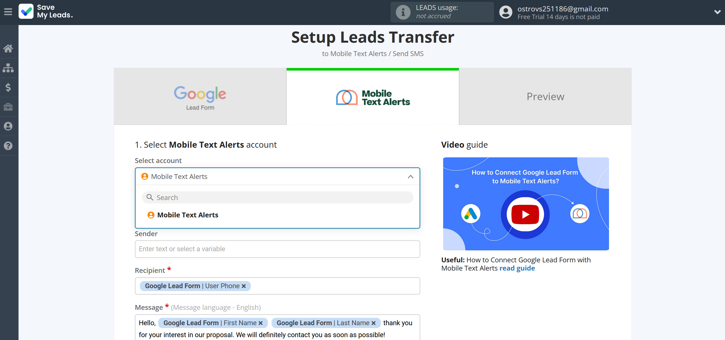 Google Lead Form and Mobile Text Alerts integration | Select the connected account Google Lead Form and Mobile Text Alerts integration | Select the connected account