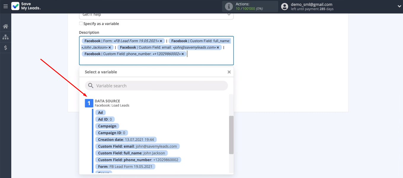 Facebook and Jira Service Desk integration | Select variables from the drop-down list Facebook and Jira Service Desk integration | Select variables from the drop-down list