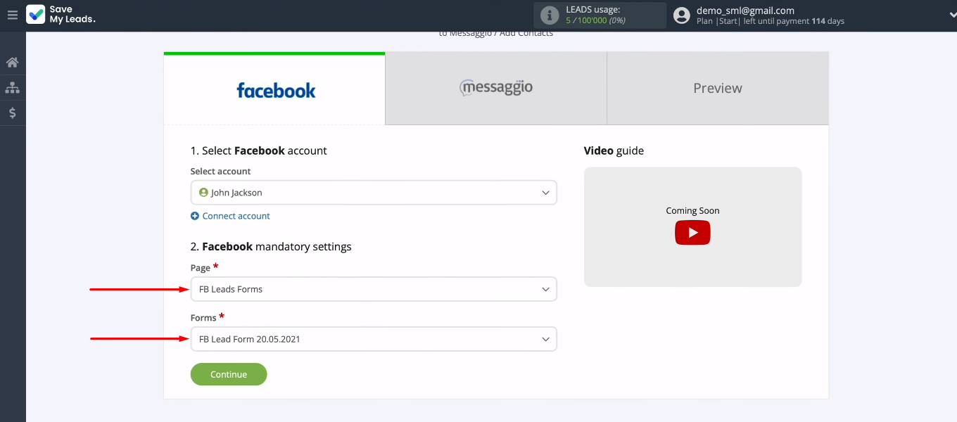 Facebook and Messaggio integration | Specify the ad page and lead form Facebook and Messaggio integration | Specify the ad page and lead form