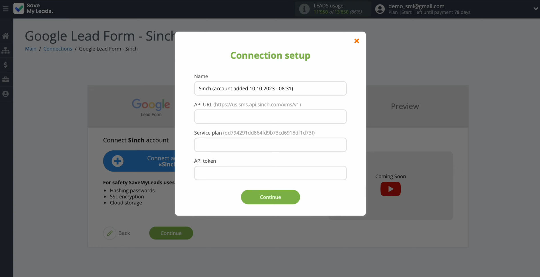 Google Lead Form and Sinch integration | Window for specifying the API URL, service plan, and API token Google Lead Form and Sinch integration | Window for specifying the API URL, service plan, and API token
