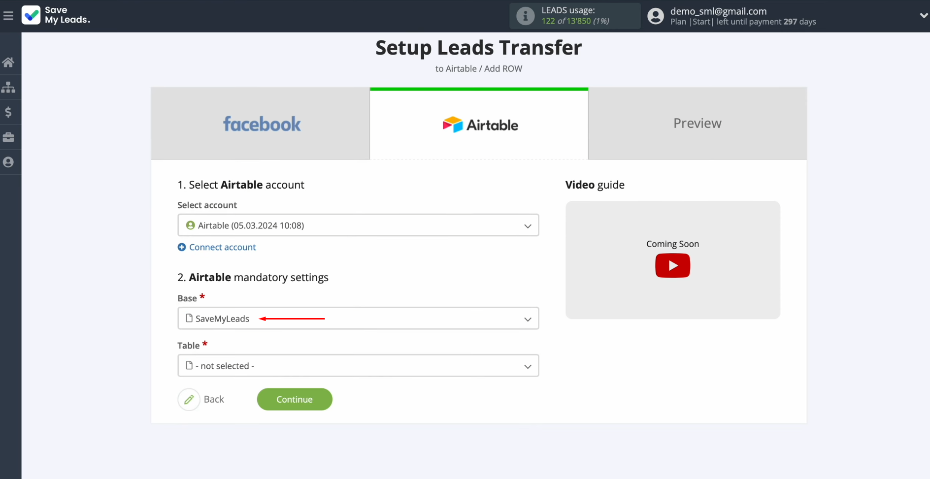 Airtable and Facebook integration | Select the database Airtable and Facebook integration | Select the database