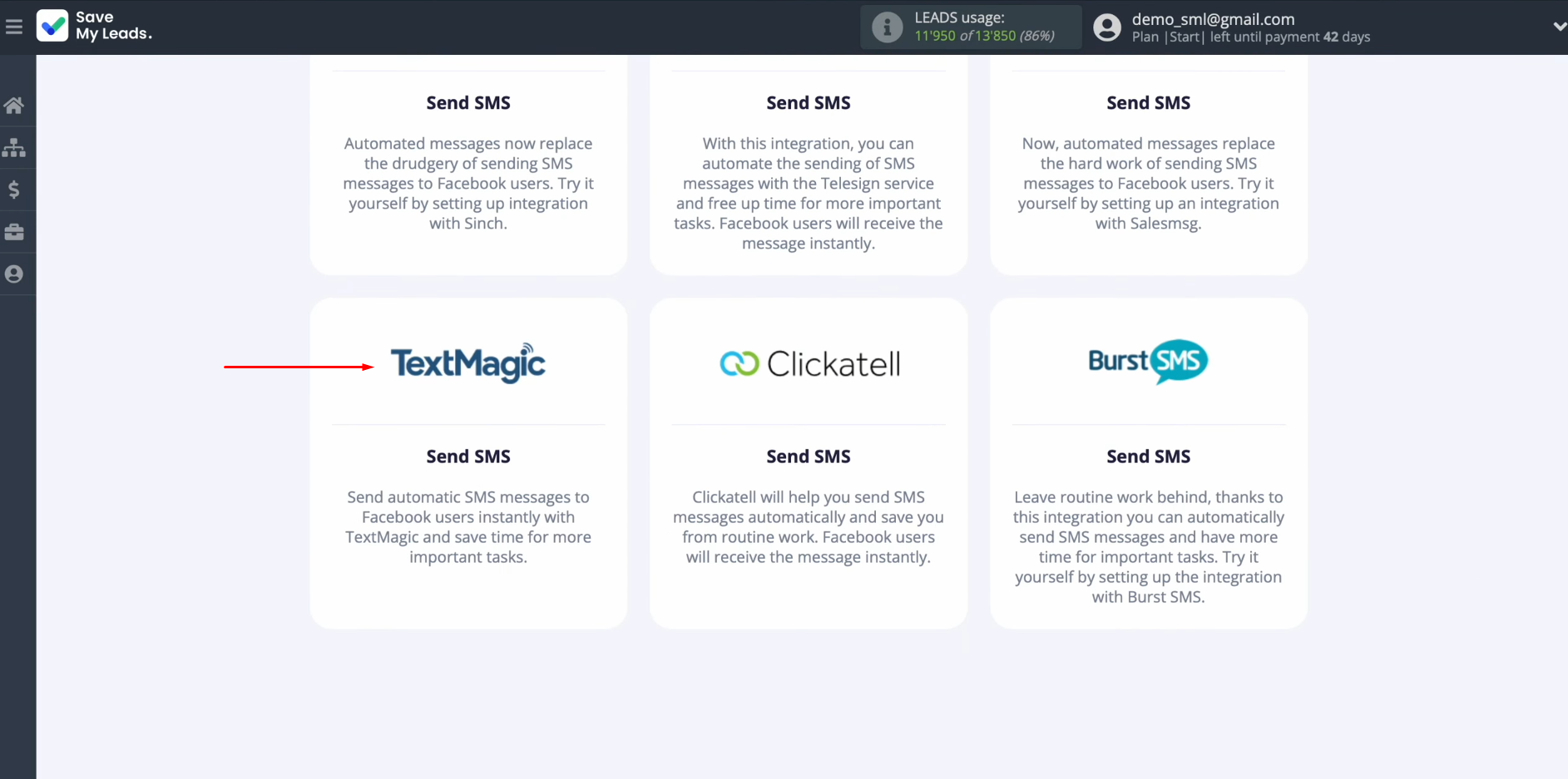 Textmagic and Facebook integration | Select the system where you want to transfer new leads Textmagic and Facebook integration | Select the system where you want to transfer new leads