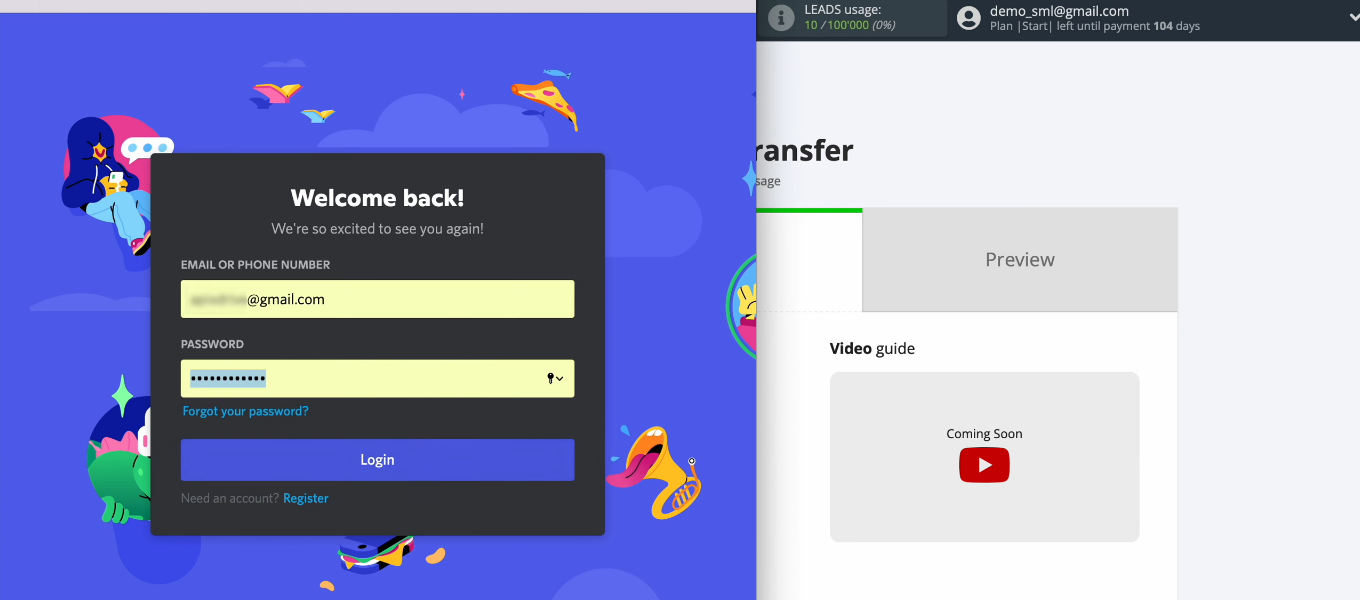 Facebook and Discord integration | Enter login and password for Discord Facebook and Discord integration | Enter login and password for Discord