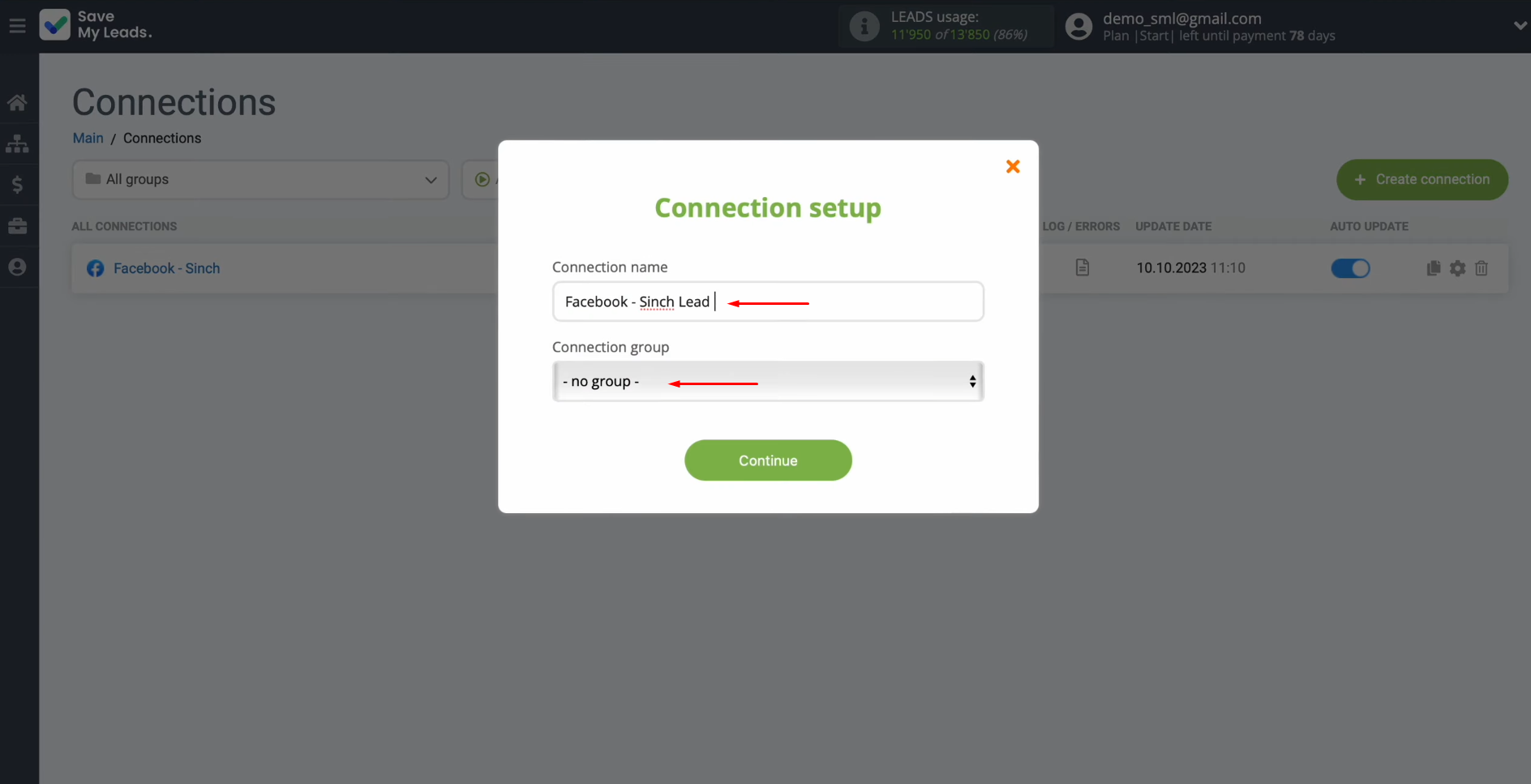 Facebook and Sinch integration | Change the connection name and click “Continue” Facebook and Sinch integration | Change the connection name and click “Continue”