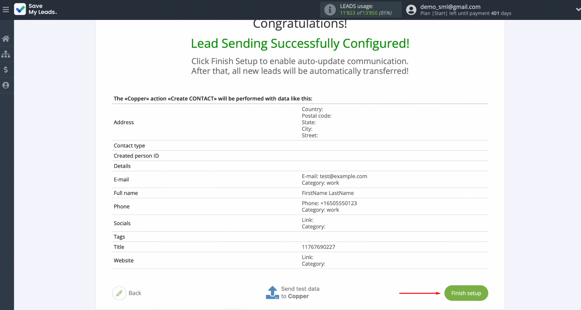 Google Lead Form and Copper integration | Click “Finish setup” Google Lead Form and Copper integration | Click “Finish setup”