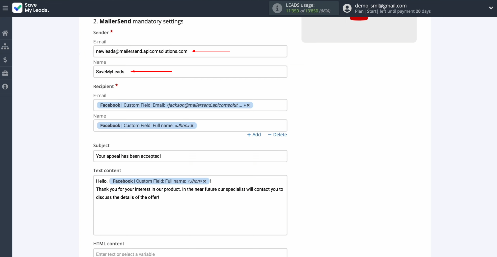 Facebook and MailerSend integration | Paste the domain into the email field Facebook and MailerSend integration | Paste the domain into the email field