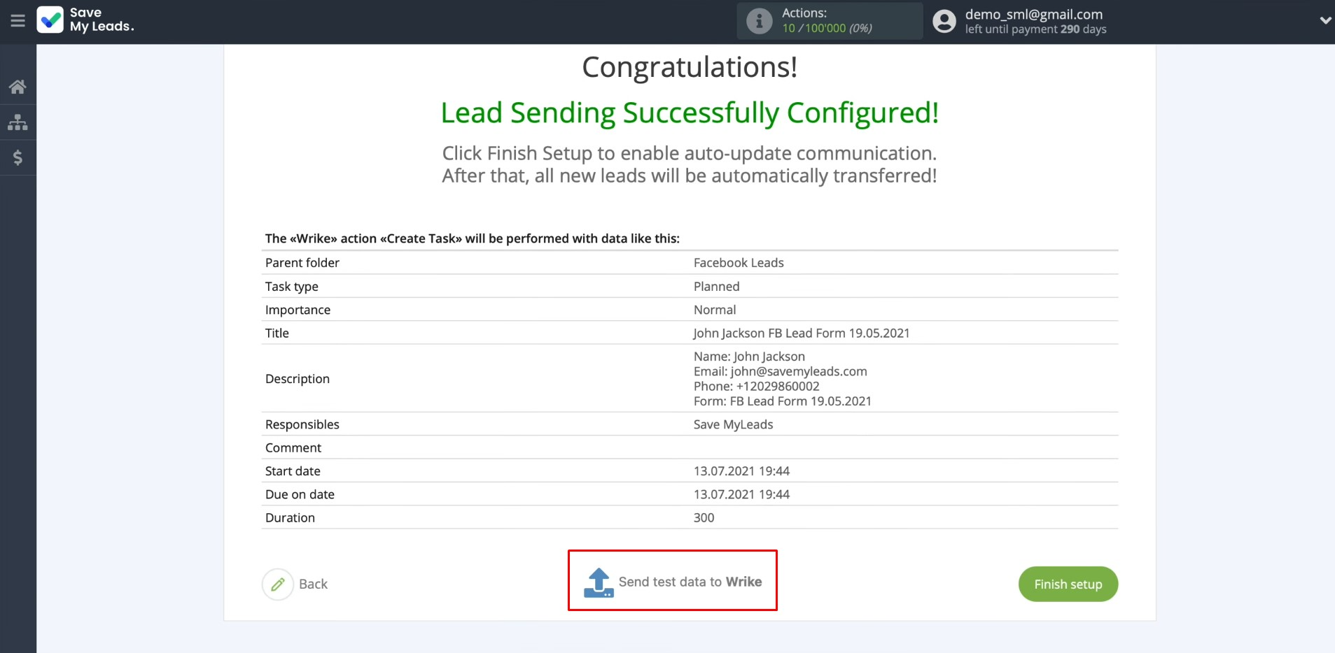Facebook and Wrike integration | Click “Send test data to Wrike” Facebook and Wrike integration | Click “Send test data to Wrike”