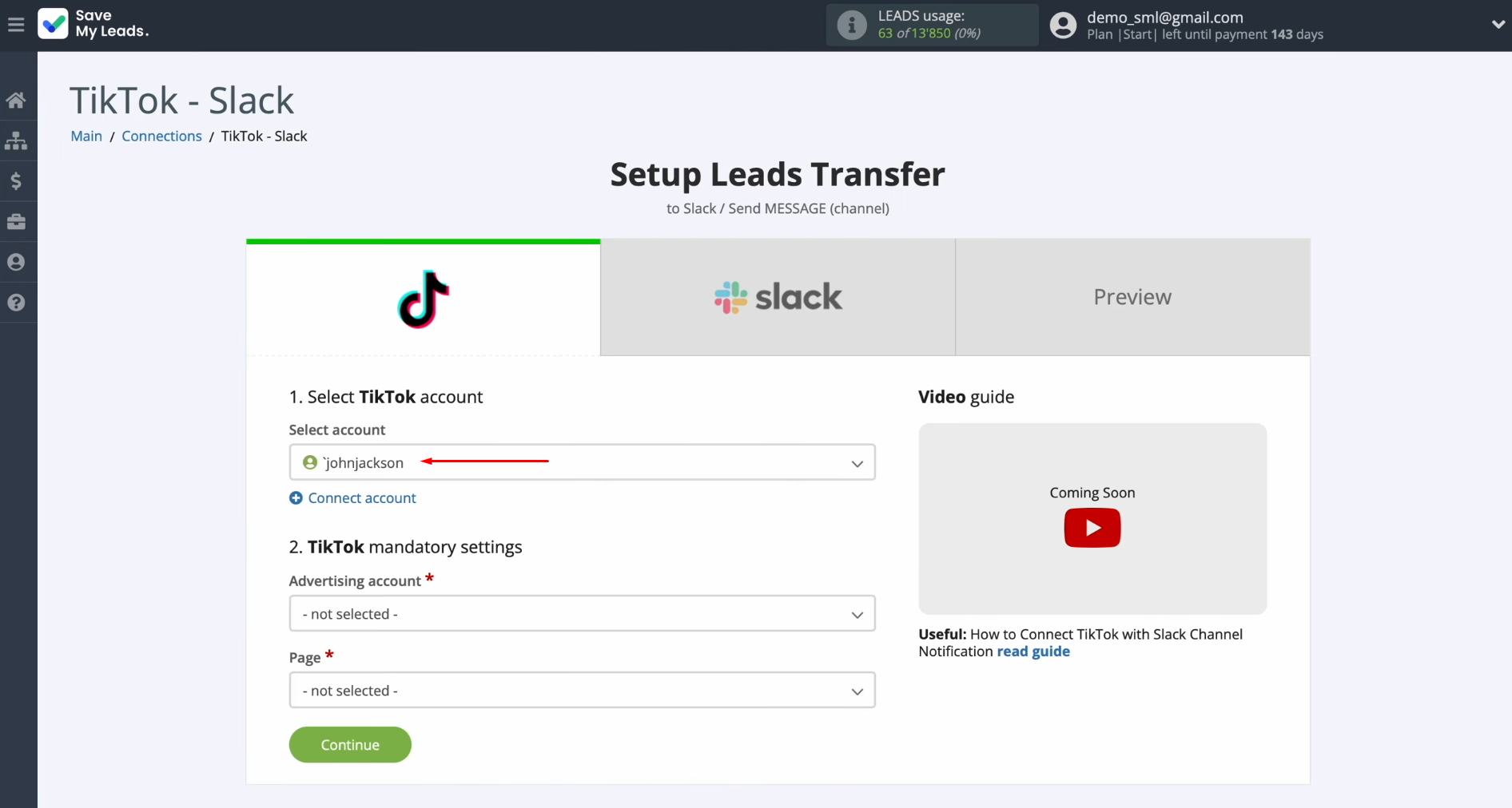TikTok and Slack integration | Select the connected account TikTok and Slack integration | Select the connected account
