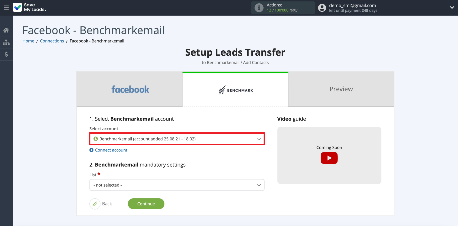 Facebook and Benchmark integration | Selecting account Facebook and Benchmark integration | Selecting account