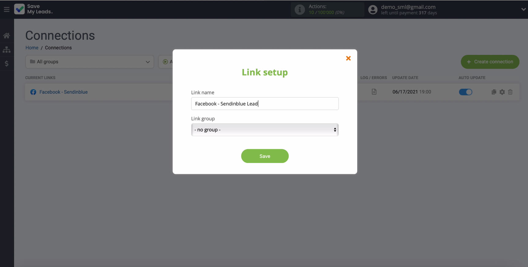 Facebook and Sendinblue integration | Window for changing the name of the connection Facebook and Sendinblue integration | Window for changing the name of the connection