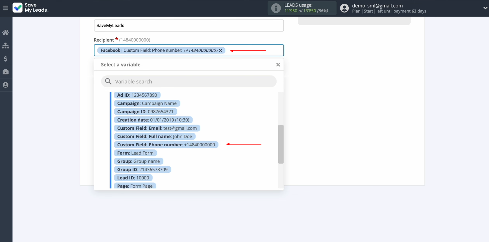 Telesign and Facebook integration | Select a variable from the drop-down list Telesign and Facebook integration | Select a variable from the drop-down list