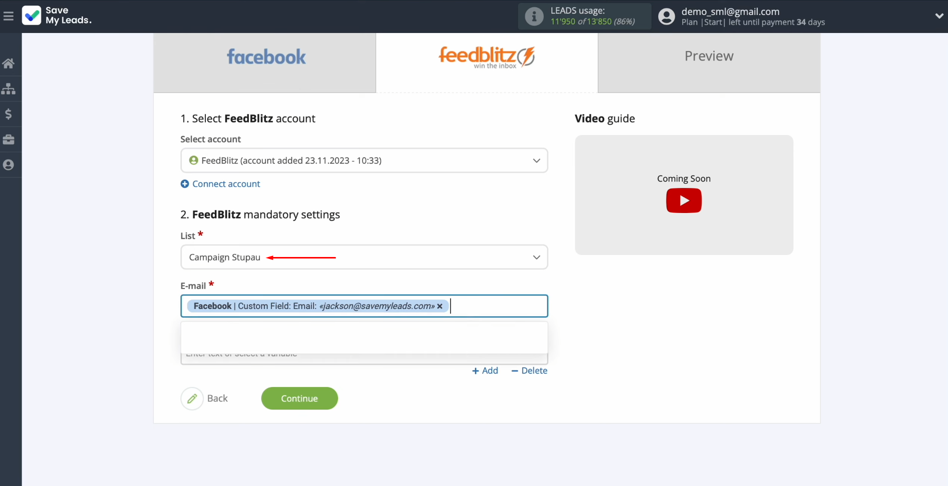 FeedBlitz and Facebook integration | Select the list FeedBlitz and Facebook integration | Select the list