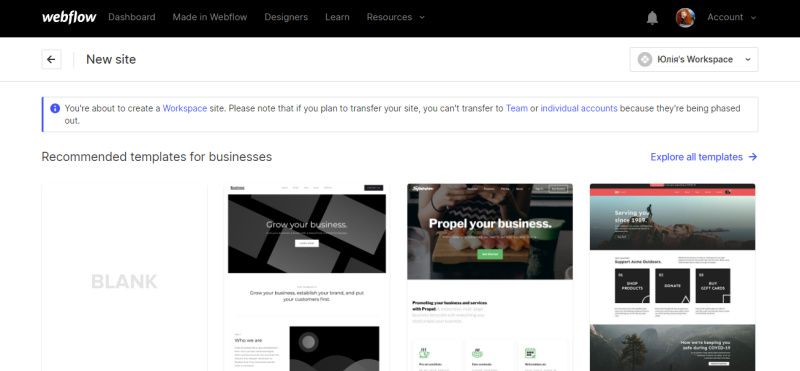 Select template in&nbsp;Webflow