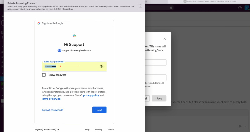 Google Lead Form and Slack integration | Specify your password