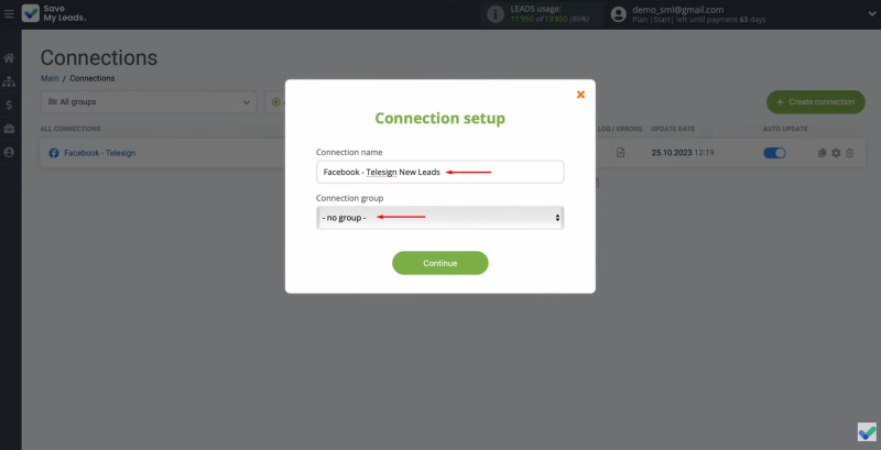 Telesign and Facebook integration | Change the connection name and add it to the group