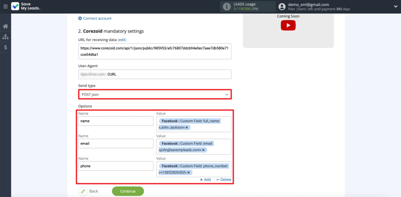 How to set up uploading new leads from a Facebook ad account in Corezoid | Configuring data reception in Corezoid (2)