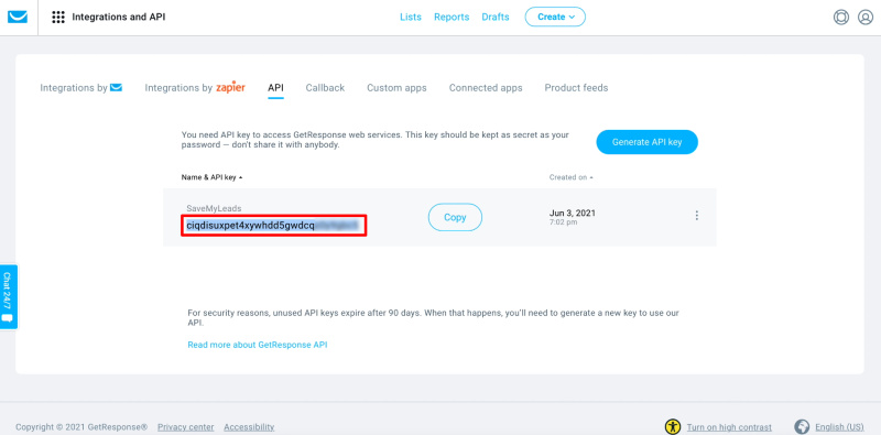 How To Set Up New Leads From Facebook To GetResponse | Copy the generated API key