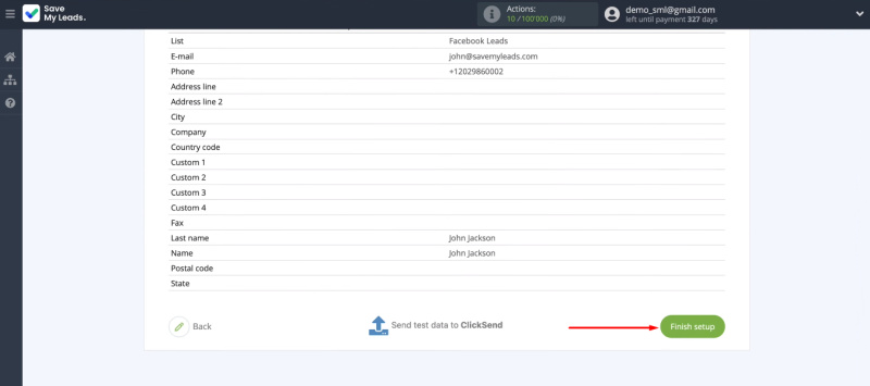 Facebook and ClickSend integration | Click “Finish setup”