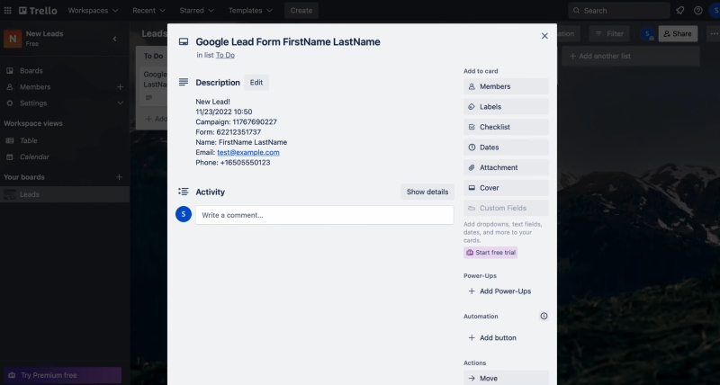 Google Lead Form and Trello integration | Result of transferred data
