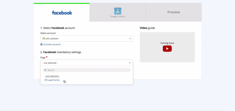 Facebook and Google Contacts integration | Select the page