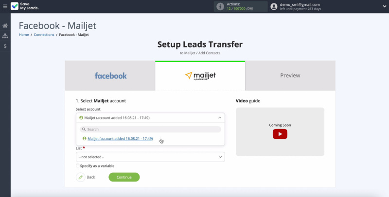 Facebook and Mailjet integration | Select login