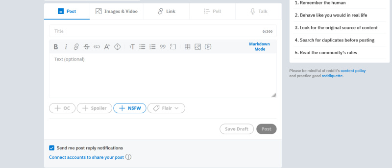 How to post on Reddit | Interface for creating a post<br>