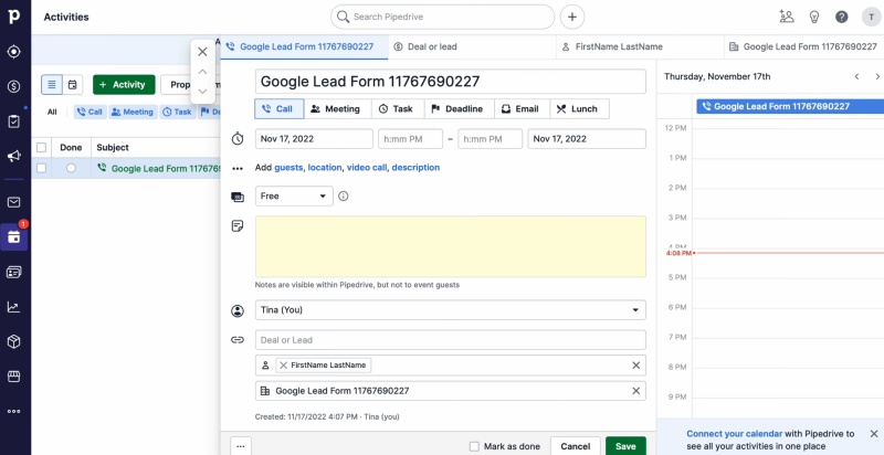 Pipedrive and Google Ads Lead Form integration | Check the result in Pipedrive