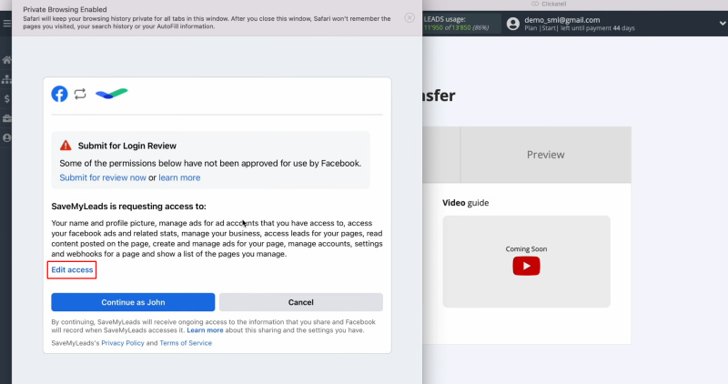Facebook and Clickatell integration | Click “Edit access”
