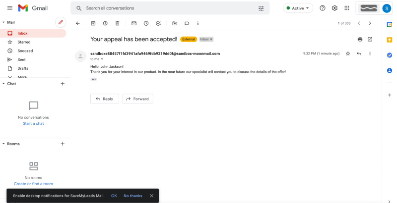 How to Set Up Auto-Send Messages to New Leads on Facebook via MoonMail | An example of an automatically sent email