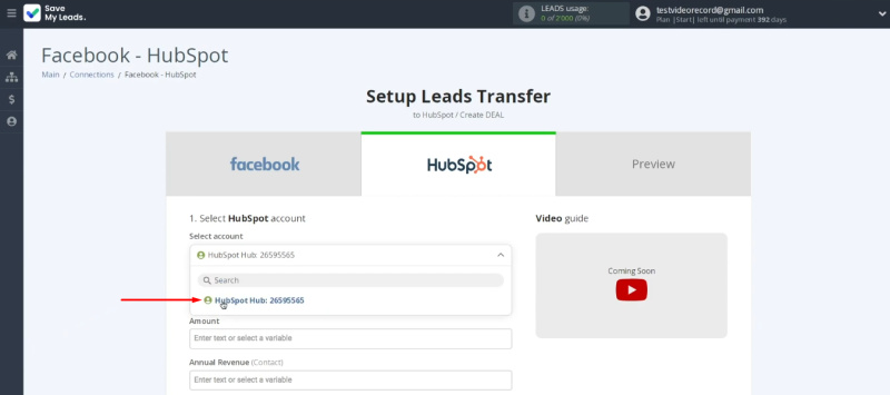 Facebook and HubSpot integration | Select the added HubSpot account