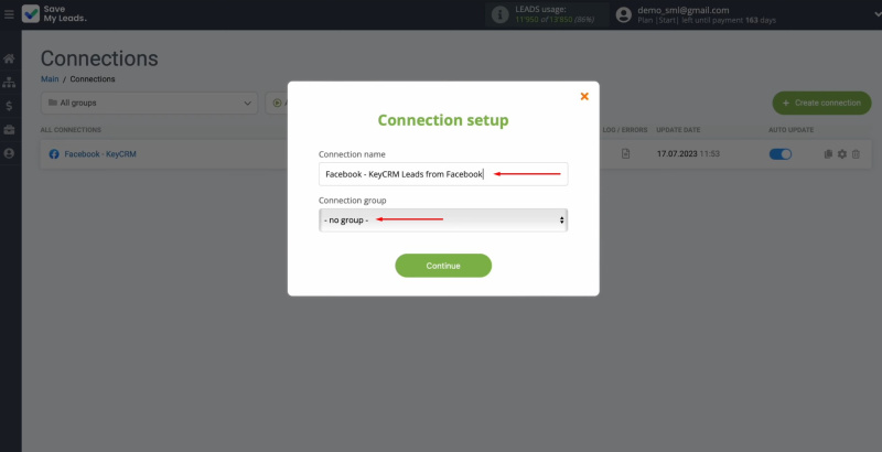 Facebook and KeyCRM integration | Change the connection name and add it to a group