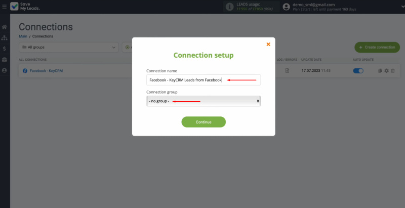 Facebook and KeyCRM integration | Change the connection name and add it to a group