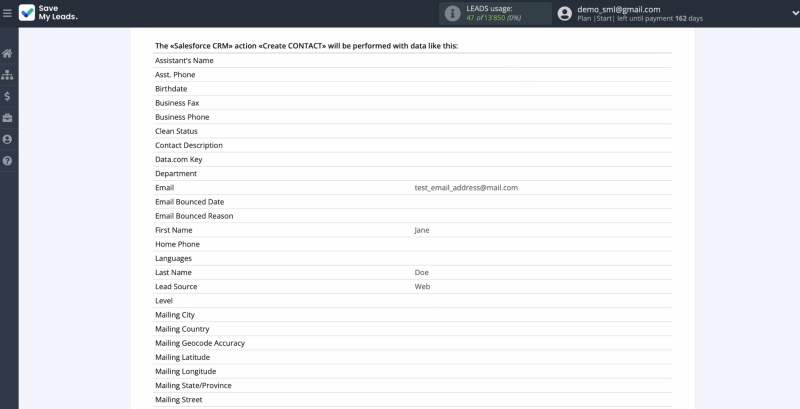 The example of the data that will be sent to Salesforce CRM
