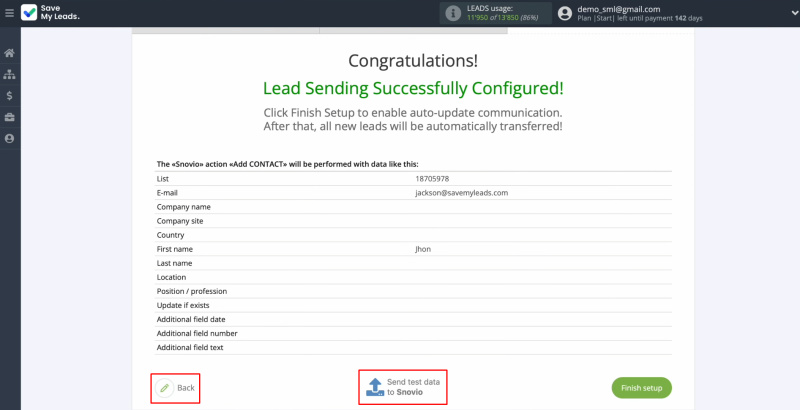 Snov.io and Facebook integration | Click “Send test data to Snov.io”