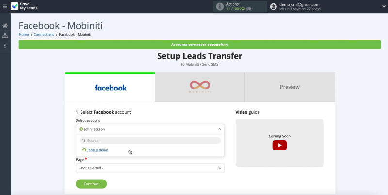 How to Send SMS via Mobiniti from New Facebook Leads | Select an account