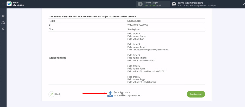 Facebook and Amazon DynamoDB integration | Send test data to Amazon DynamoDB