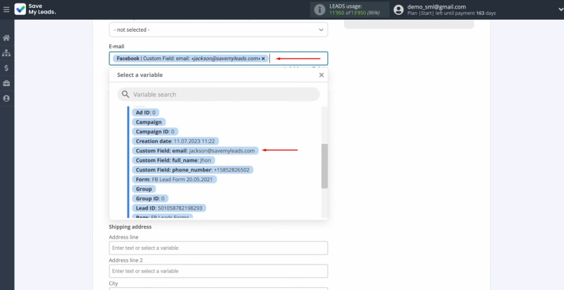 Facebook and KeyCRM integration | Click in the field and select a variable from the drop-down list