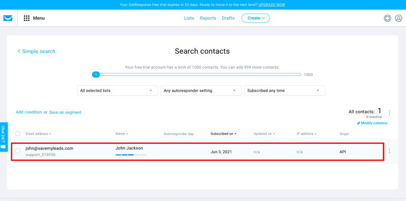 How To Set Up New Leads From Facebook To GetResponse | An example of a contact added to GetResponse via SaveMyLeads