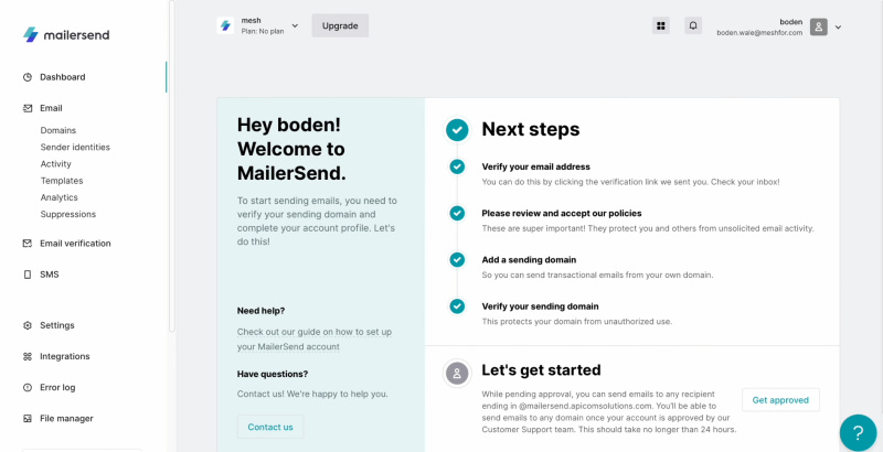 Facebook and MailerSend integration | Go to your MailerSend personal account